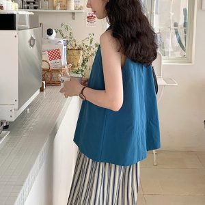 Ramesse | Island Town Peacock Blue Simple Crew Neck Solid Color Tank Top Summer Sleeveless Top