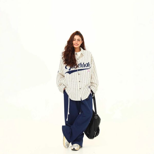 American retro niche vertical stripe long-sleeved shirt men's and women's autumn new loose and versatile pair shirt outside - Image 2