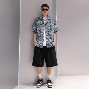 Vintage Cuban Collar Men's Shirt Men's and Women's Loose Hong Kong Flavor American Retro Couple Thai Hong Kong Style Short Sleeve Shirt