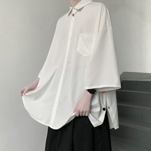 Short-sleeved shirt, men's Japanese trendy brand, loose trend, Hong Kong style, couple, five-quarter sleeve, side-breasted split shirt