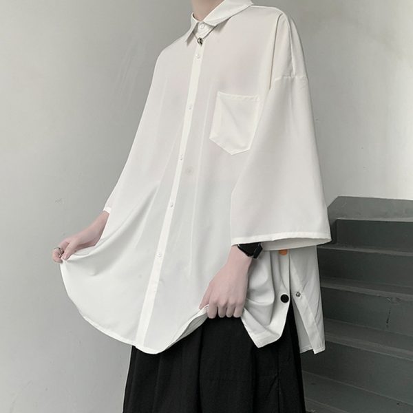 Short-sleeved shirt, men's Japanese trendy brand, loose trend, Hong Kong style, couple, five-quarter sleeve, side-breasted split shirt - Image 2