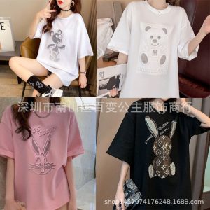 Summer new 3D laser steel stamped T-shirt women's loose large size hot diamond print short sleeve live broadcast exclusive supply