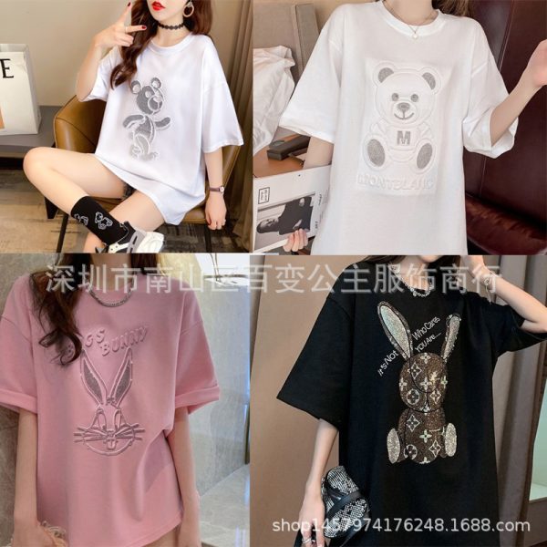 Summer new 3D laser steel stamped T-shirt women's loose large size hot diamond print short sleeve live broadcast exclusive supply - Image 3