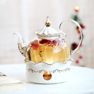 British light luxury flower teapot tea set candle heating base set pyrex afternoon camellia fruit teapot wholesale
