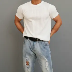 American tough guy ice silk knit sweater muscular man tight stretch short sleeve fitness trainer casual t-shirt skin-friendly and breathable