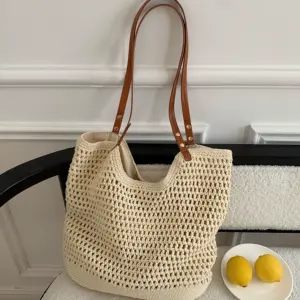 Large Capacity Bag Women's 2025 New Versatile One Shoulder Seaside Resort Beach Bag Woven Straw Commuter Tote Bag