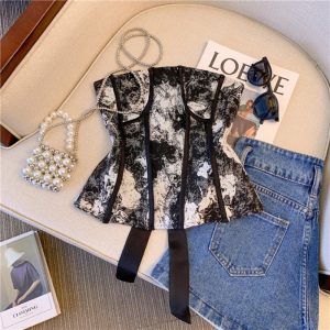 Real shot ink painting jacquard bandeau wears a high-end waist sleeveless top and is chic and super good-looking wrap