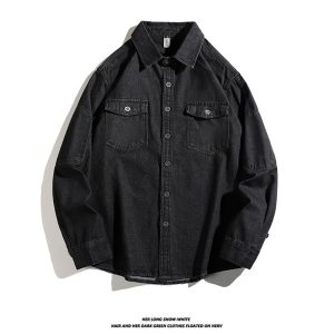 Spring and autumn washed workwear denim shirt jacket men's American trendy brand loose casual design lapel top