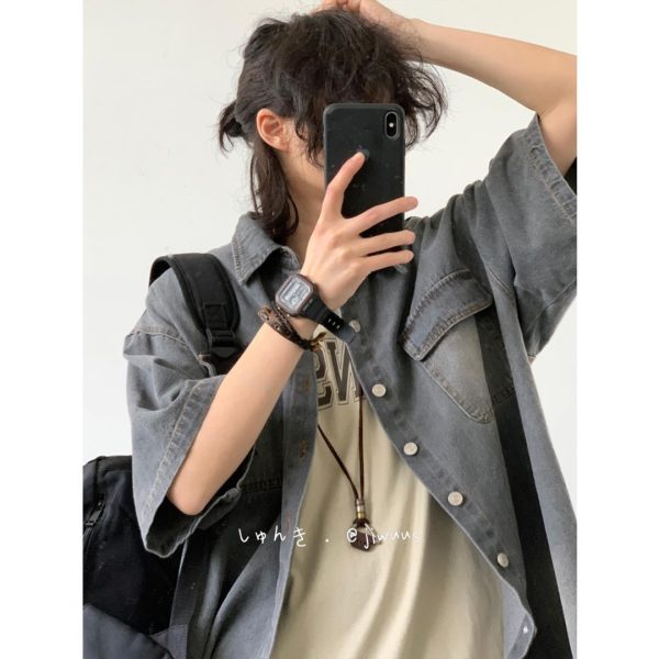Summer Japanese wash, distressed pockets, short sleeve denim shirts, men's and women's trends, retro cargo shirts, jackets, tides - Image 2