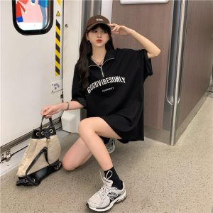 Foreign trade cross-border short-sleeved T-shirt women's 2025 new summer dress half-zipper polo collar mid-length loose plus size women's clothing