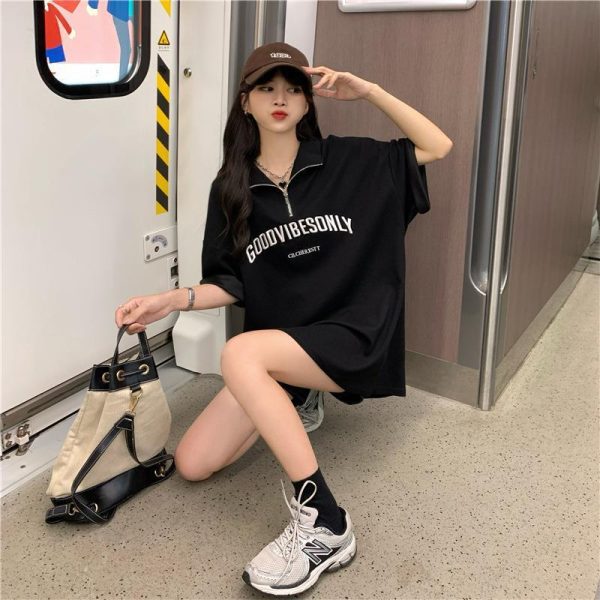 Foreign trade cross-border short-sleeved T-shirt women's 2025 new summer dress half-zipper polo collar mid-length loose plus size women's clothing - Image 4