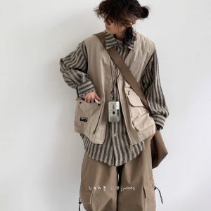 cityboy Japanese vintage stitching fake two-piece cargo shirt for men and women casual loose long-sleeved shirt jacket