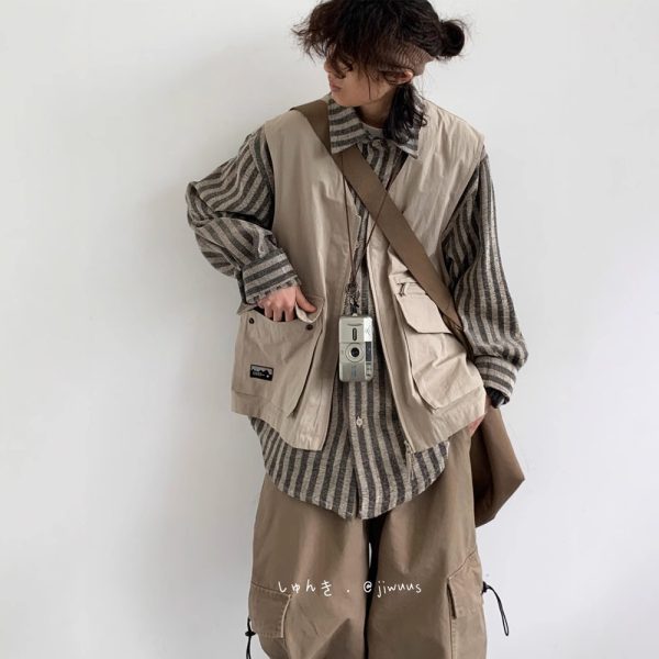 cityboy Japanese vintage stitching fake two-piece cargo shirt for men and women casual loose long-sleeved shirt jacket