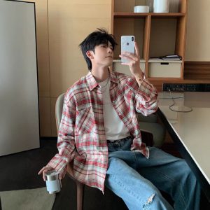 cleanfit striped plaid shirt men's high-end American vintage long-sleeved shirt design emotional couple jacket
