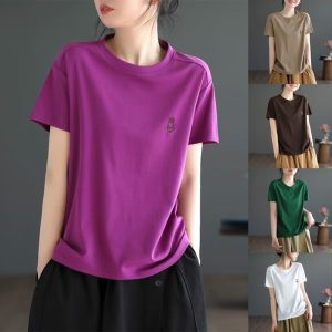 Casual literary solid color embroidery little rabbit short-sleeved top women's versatile T-shirt spring and summer plus-size women's base shirt