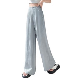 Summer new high-waisted linen ice silk wide-leg pants women's 2025 high-end loose straight-leg casual draped mop pants