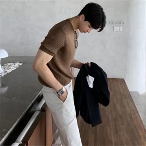 American tough guy knitted T-shirt, trendy men's wear, skin-friendly, comfortable, breathable, ice silk short-sleeved fitness trainer sports top - Image 4