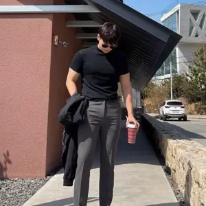 American small neckline t-shirt men's tight stretch slim short sleeve fitness trainer small high neck inner layer base shirt t-shirt