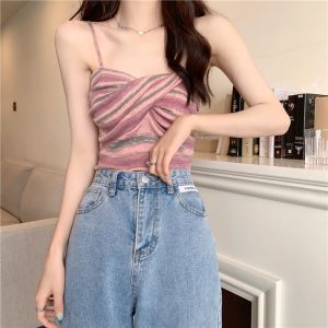 Rainbow solid color knitted small camisole women's clothing summer wear outside with hot girl short bandeau top pure desire