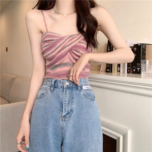 Rainbow solid color knitted small camisole women's clothing summer wear outside with hot girl short bandeau top pure desire - Image 2