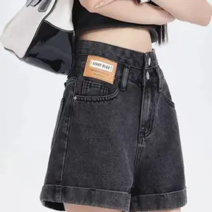 Rolled-up denim shorts, women's summer fashion, new crotch-covering, slim double-breasted design, high-waisted A-line shorts