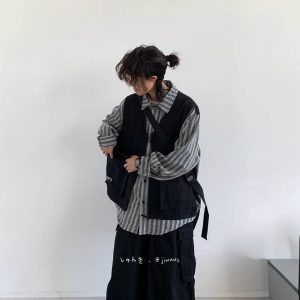 cityboy Japanese vintage stitching fake two-piece cargo shirt for men and women casual loose long-sleeved shirt jacket