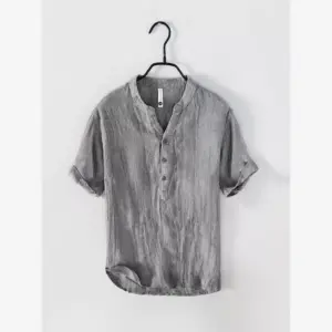 Summer linen short sleeve casual T-shirt men's stand collar pullover shirt national tide distressed retro thin breathable big V