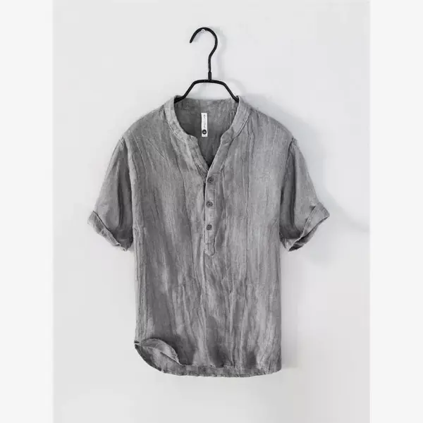 Summer linen short sleeve casual T-shirt men's stand collar pullover shirt national tide distressed retro thin breathable big V - Image 5
