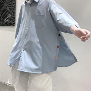 Short-sleeved shirt, men's Japanese trendy brand, loose trend, Hong Kong style, couple, five-quarter sleeve, side-breasted split shirt