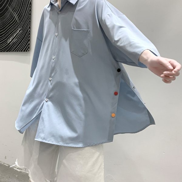 Short-sleeved shirt, men's Japanese trendy brand, loose trend, Hong Kong style, couple, five-quarter sleeve, side-breasted split shirt - Image 4