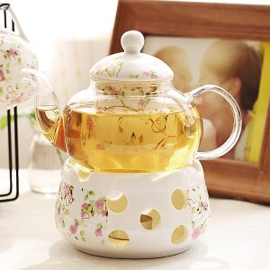 British light luxury flower teapot tea set candle heating base set pyrex afternoon camellia fruit teapot wholesale
