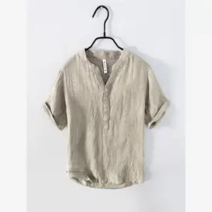 Summer linen short sleeve casual T-shirt men's stand collar pullover shirt national tide distressed retro thin breathable big V