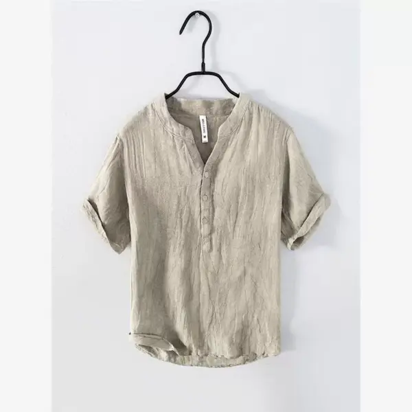Summer linen short sleeve casual T-shirt men's stand collar pullover shirt national tide distressed retro thin breathable big V - Image 4