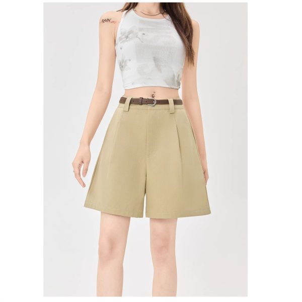Real shot of cargo shorts, women's summer thin high-waisted wide-leg suit pants, A-line loose casual slimming cropped pants - Image 3