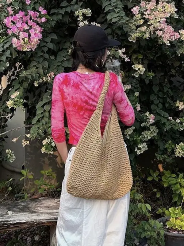 Side cm shoulder large capacity crossbody straw bag women's summer canvas bag seaside resort beach woven bag bag straw bag - Image 2