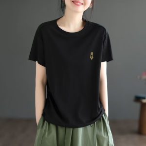 Casual literary solid color embroidery little rabbit short-sleeved top women's versatile T-shirt spring and summer plus-size women's base shirt