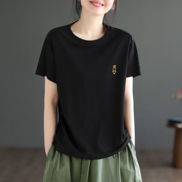 Casual literary solid color embroidery little rabbit short-sleeved top women's versatile T-shirt spring and summer plus-size women's base shirt - Image 4