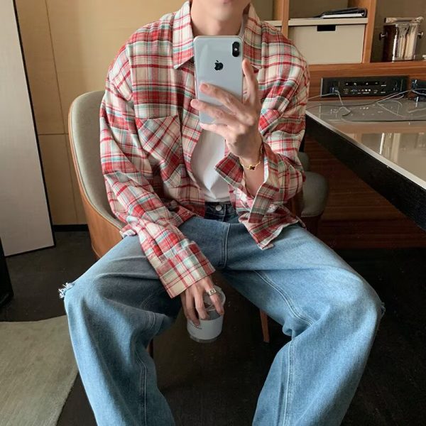 cleanfit striped plaid shirt men's high-end American vintage long-sleeved shirt design emotional couple jacket