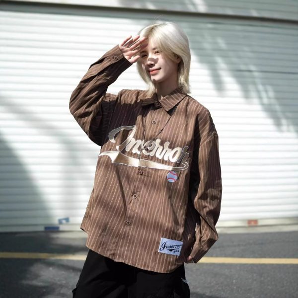 American retro niche vertical stripe long-sleeved shirt men's and women's autumn new loose and versatile pair shirt outside - Image 3