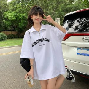 Foreign trade cross-border short-sleeved T-shirt women's 2025 new summer dress half-zipper polo collar mid-length loose plus size women's clothing