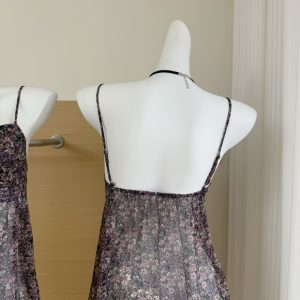 Secret Garden French chiffon purple small floral slightly transparent layered suspender women's vintage top