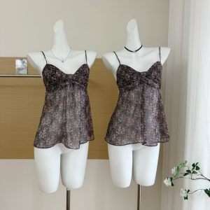 Secret Garden French chiffon purple small floral slightly transparent layered suspender women's vintage top