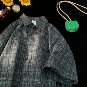 Plaid short-sleeved shirt men's summer trendy brand ins Japanese retro lazy casual shirt cleanfit jacket