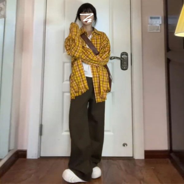 American Vintage Yellow Plaid Shirt Jacket Jacket Cruise 2024 Styles for Men and Women Exclusive Chic Top Couple Shirt - Image 3