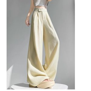 Real shot of ice silk cotton and linen suits, wide-leg pants, women's summer high-waisted drape, linen loose hem slacks, floor-length pants