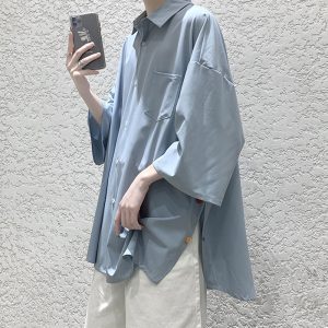 Short-sleeved shirt, men's Japanese trendy brand, loose trend, Hong Kong style, couple, five-quarter sleeve, side-breasted split shirt