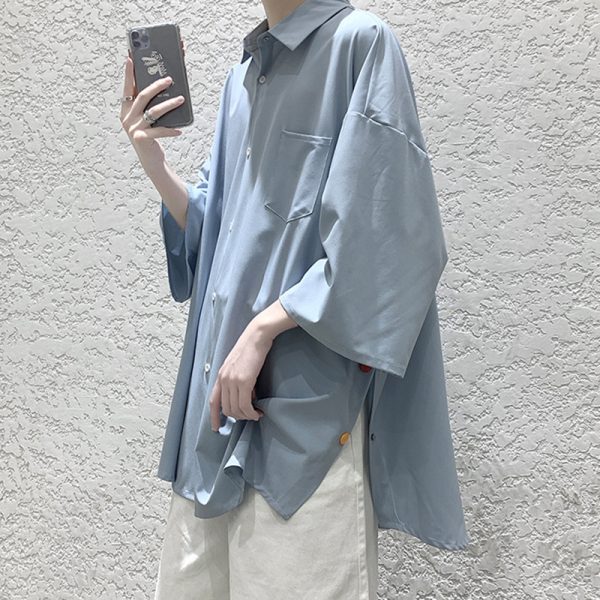 Short-sleeved shirt, men's Japanese trendy brand, loose trend, Hong Kong style, couple, five-quarter sleeve, side-breasted split shirt - Image 3