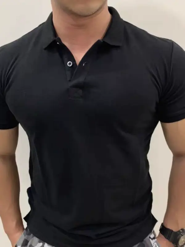 European and American fitness coaches, ice silk cotton, solid color polo shirts, men's skinny stretch short-sleeved overalls, T-shirts, sports paul shirts - Image 4