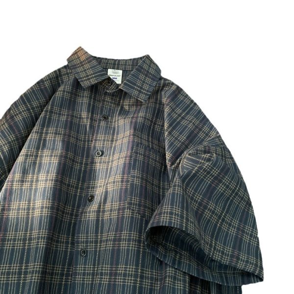 Plaid short-sleeved shirt men's summer trendy brand ins Japanese retro lazy casual shirt cleanfit jacket - Image 5