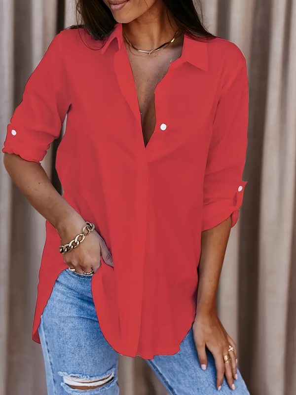 Solid Button Front Shirt Casual Turn Down Collar Office Cross Border - Image 5
